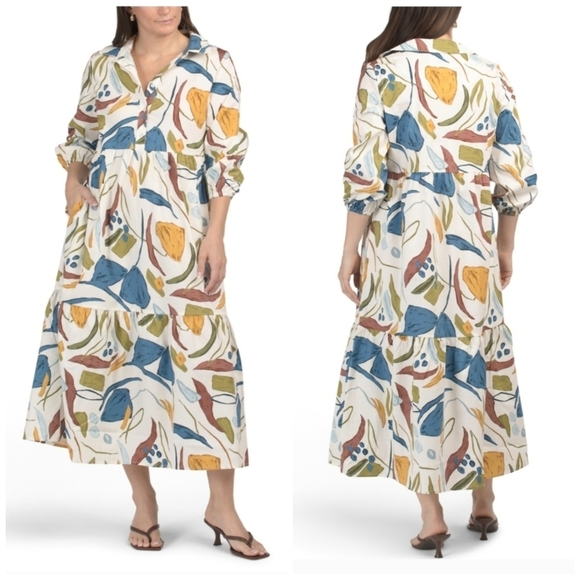 Rachel Zoe Dresses & Skirts - Rachel Zoe Multicolor Ecru Cotton Blend Tiered Shirt Floral Maxi Dress